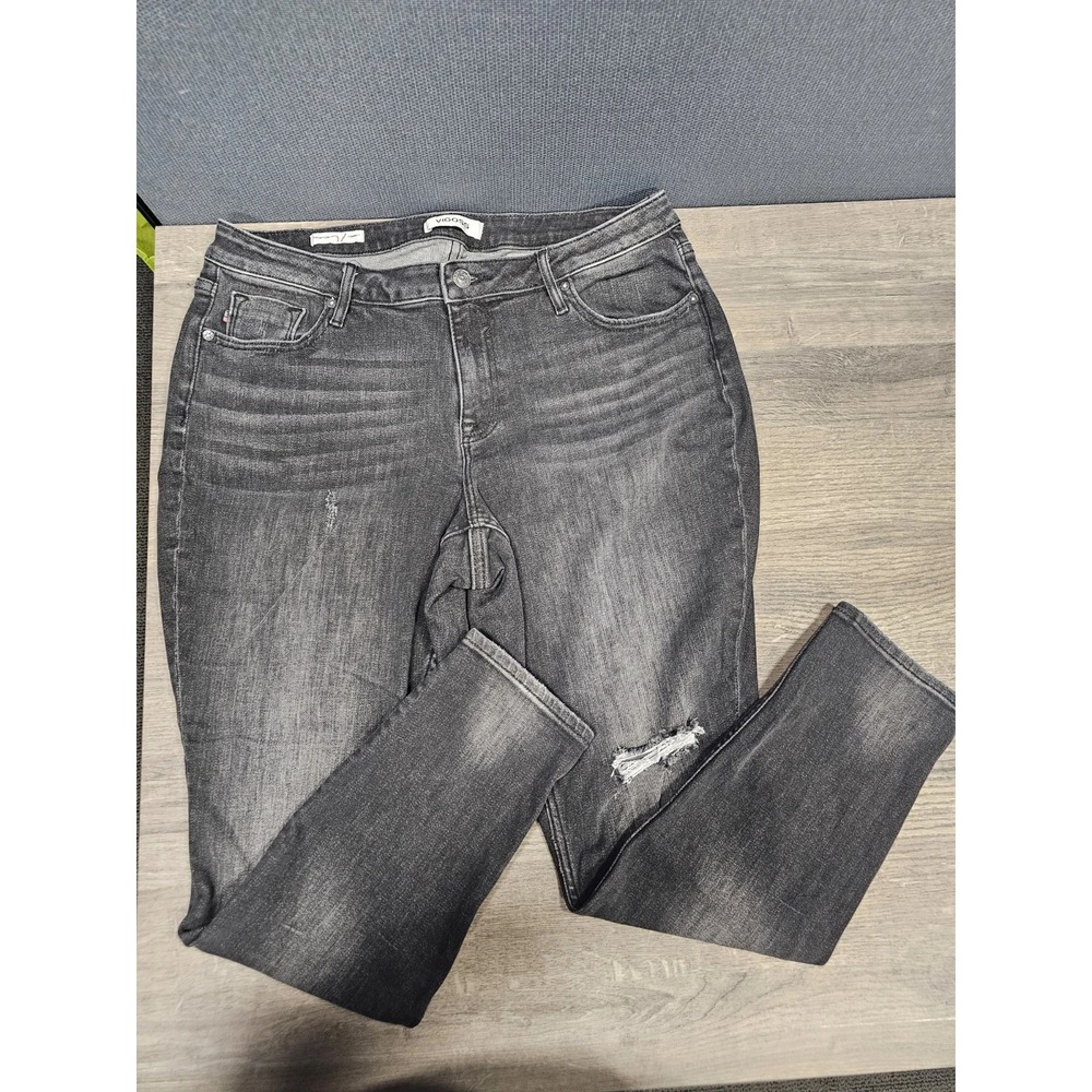 Vigoss Thompson Tomboy Destressed Jeans Women 14 Black 34x27 whiskered 10" rise